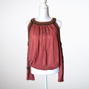 Free People Beaded Cold Shoulder Embroidered Top